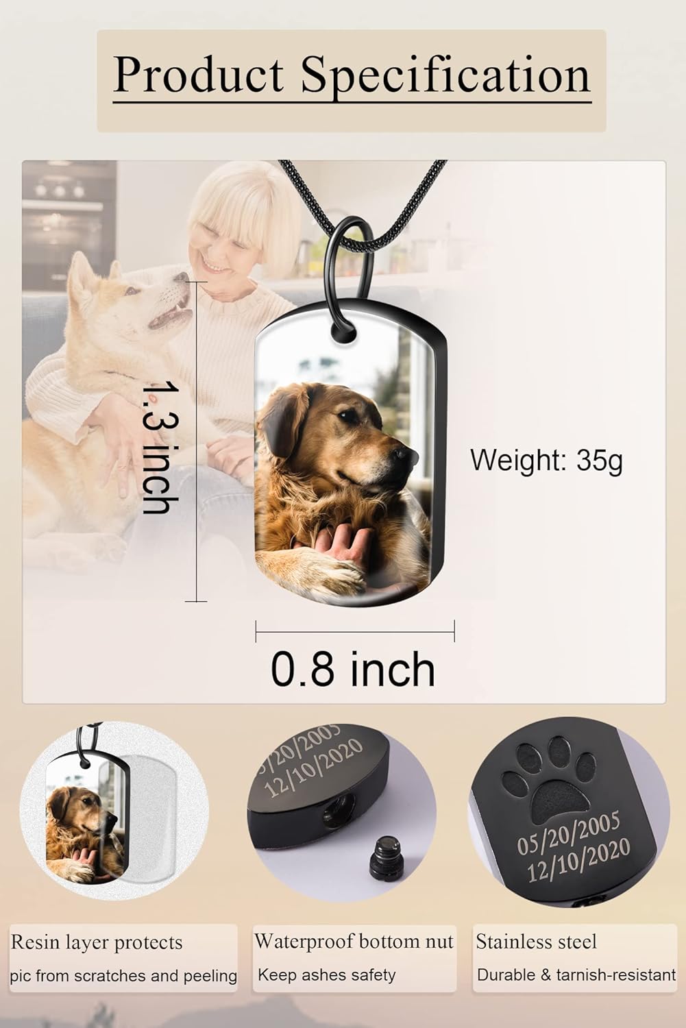 Fanery Sue Personalized Pet Ashes Necklace for Dog Cat Custom Photo&Text Pet Loss Sympathy Gift Cremation Jewelry