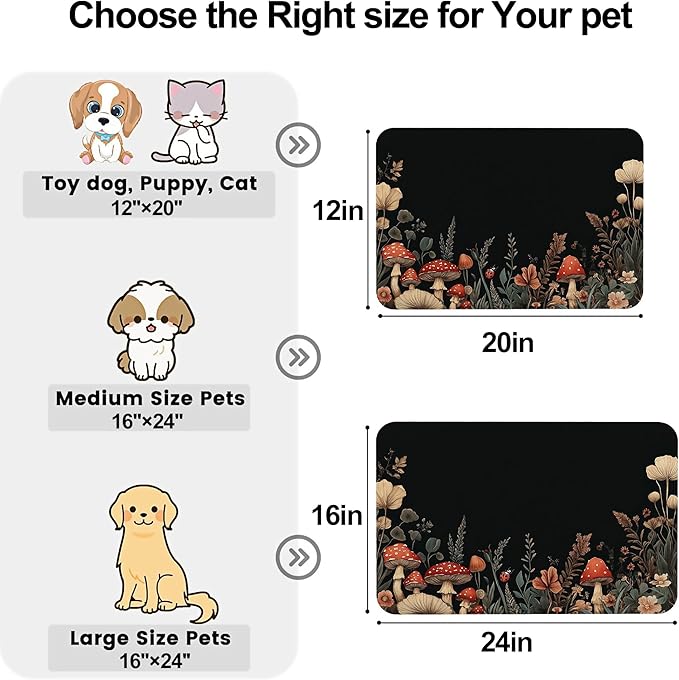 Vintage Mushroom Flower Pet Cat Dog Food Mat-Absorbent Quick Dry Feeding Placemat for Water and Food, No Stains Rubber Base Mat for Indoor Use, Pet Accessories 12"x20"