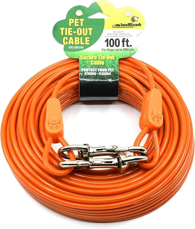 100FT Tie-Out Cables for Large Dogs - Strong, Safe, and Durable Dog Tie-Outs for up to 250 Pounds - Weather and Wear Resistant Galvanized Aircraft Cable for Outside Use