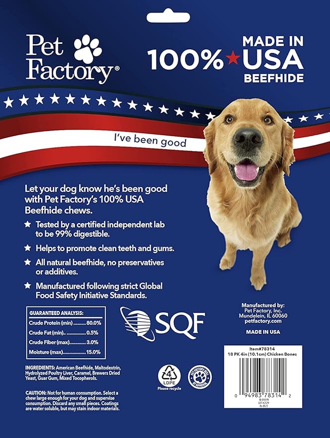 Pet Factory 100% Made in USA Beefhide 4" Knotted Bones Dog Chew Treats - Chicken Flavor, 18 Count/1 Pack