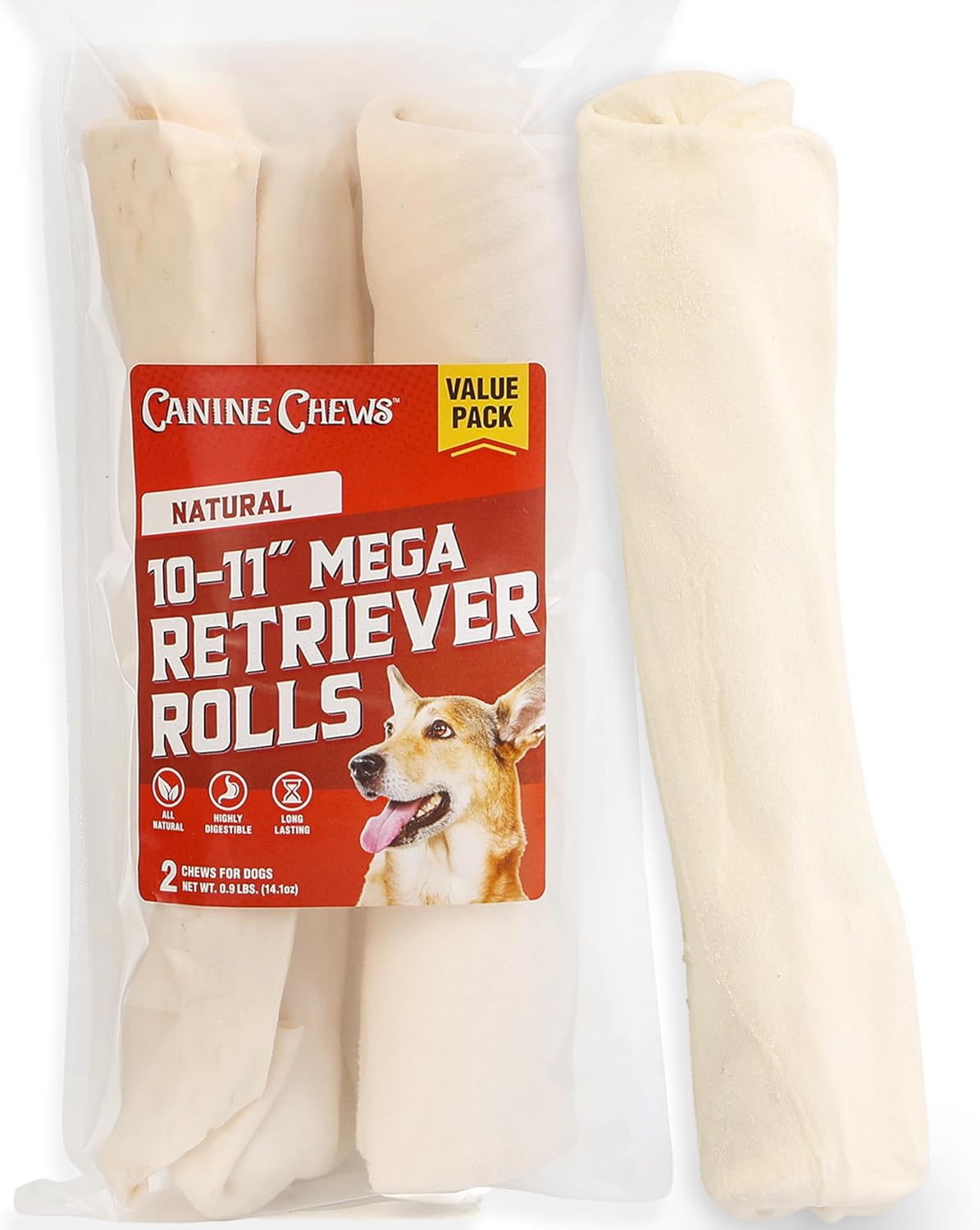 Canine Chews 10-11" MEGA Retriever Rolls (2 Pack) Natural Rawhide for Big Dogs - Long-Lasting Dog Chew Treats for Aggressive Chewers - Odor-Free - Extra-Large