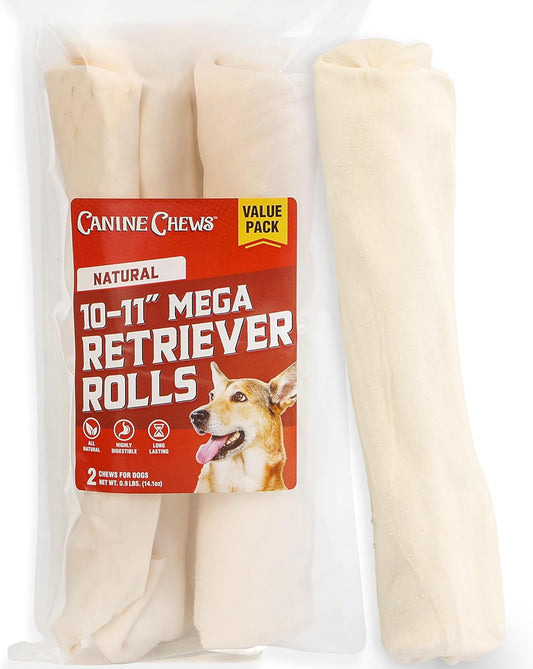 Canine Chews 10-11" MEGA Retriever Rolls (2 Pack) Natural Rawhide for Big Dogs - Long-Lasting Dog Chew Treats for Aggressive Chewers - Odor-Free - Extra-Large