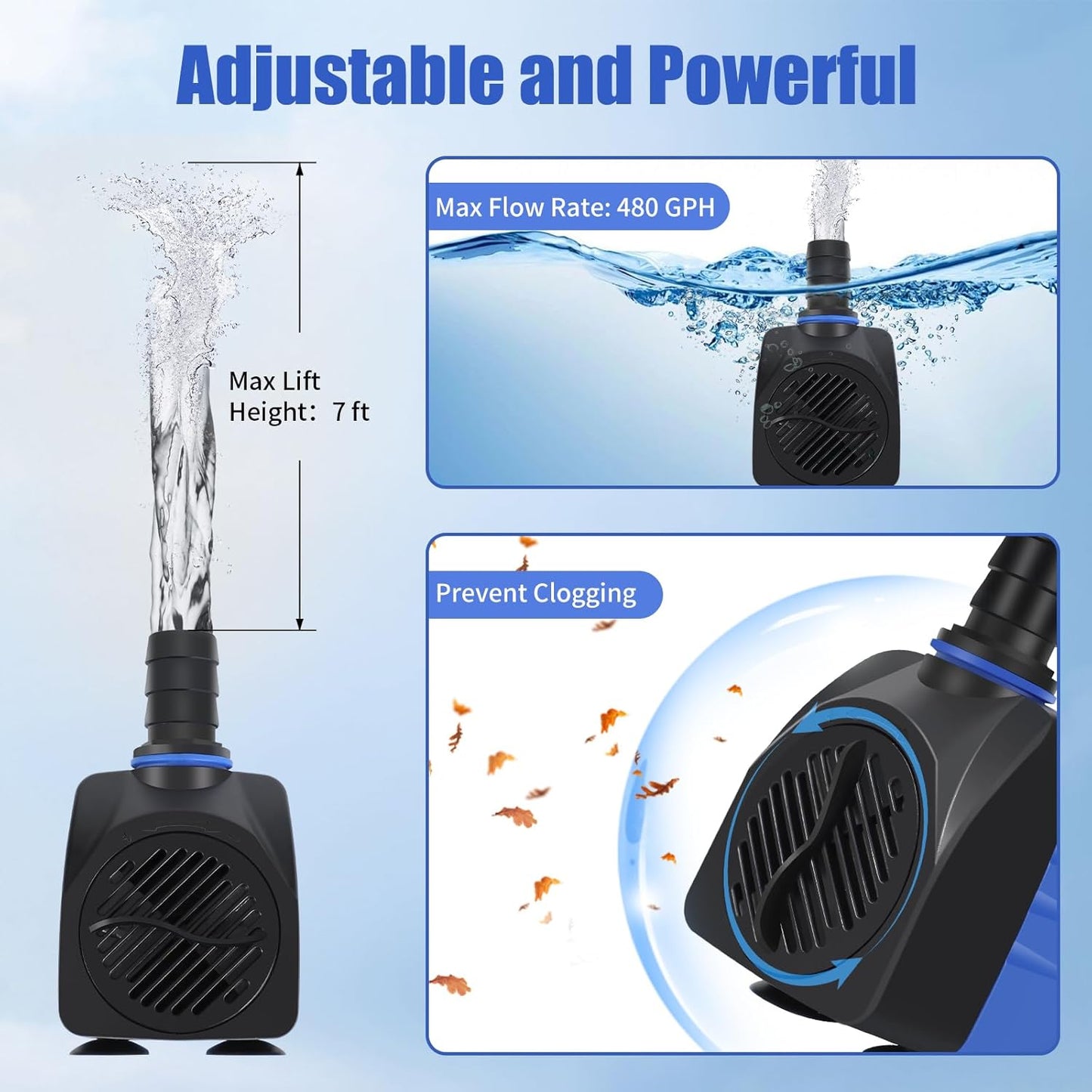 AQUANEAT Fountain Pump, 480 GPH Submersible Water Pump with 5 ft Tubing, for Aquarium Fish Tank, Pet Water Fountain, Hydroponics, Pond Waterfall