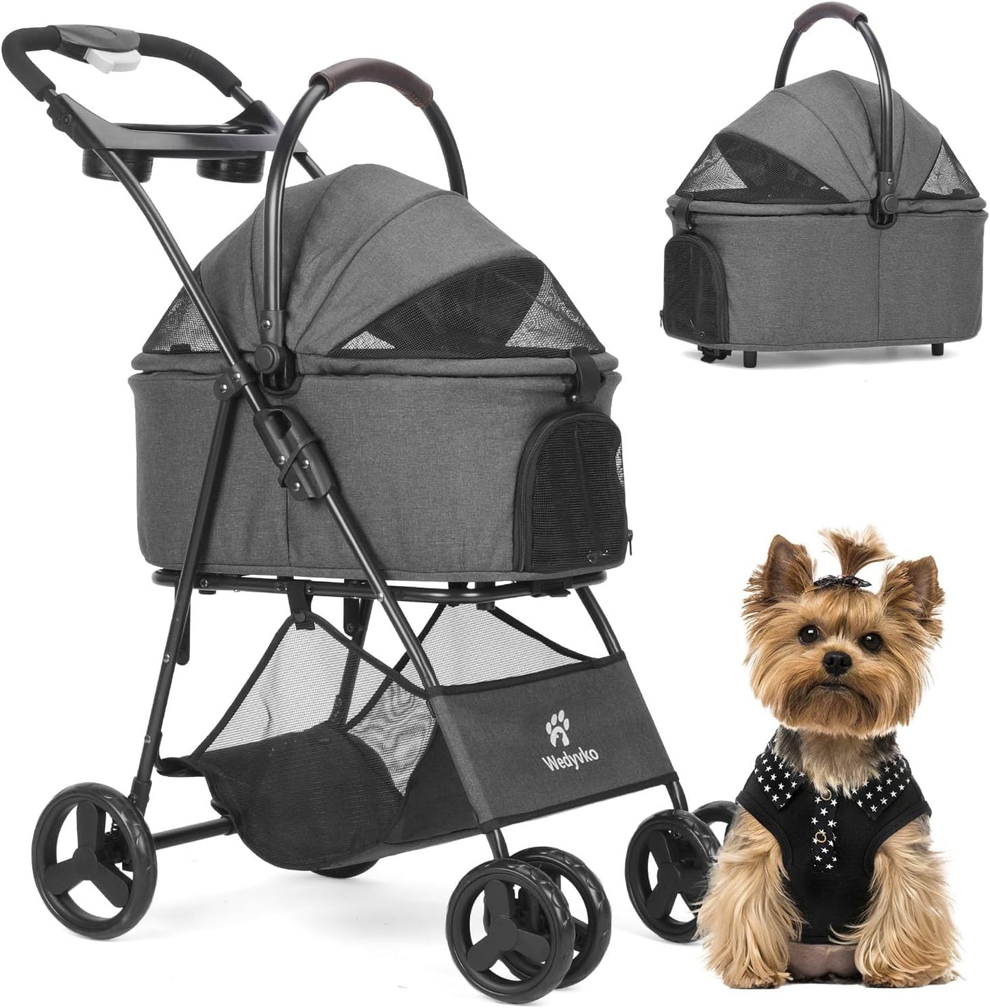 Pet Stroller, 4 Wheels Pet Strolling Cart for Medium/Small Dogs and Cats, Foldable Cat Jogger/Dog Stroller with Cup Holder, Storage Basket, Breathable Mesh, All-Season Pet Carrier (Dark Grey)