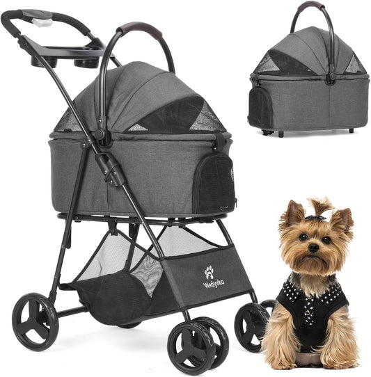Pet Stroller, 4 Wheels Pet Strolling Cart for Medium/Small Dogs and Cats, Foldable Cat Jogger/Dog Stroller with Cup Holder, Storage Basket, Breathable Mesh, All-Season Pet Carrier (Dark Grey)