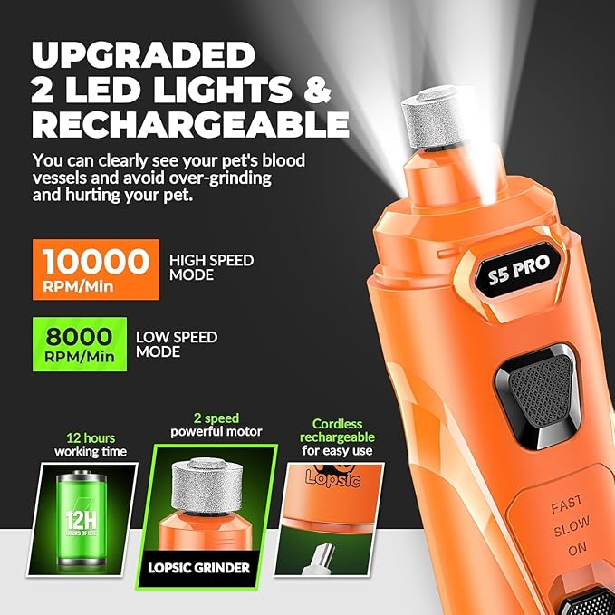 Dog Nail Grinder with 2 LED Lights Powerful 2 Speeds Super Quiet Dog Nail Trimmers with 3 Grinding Wheels Rechargeable Pet Dog Nail Clippers for Large Medium Puppy Dogs Dog Nail File Cat Nail Clipper