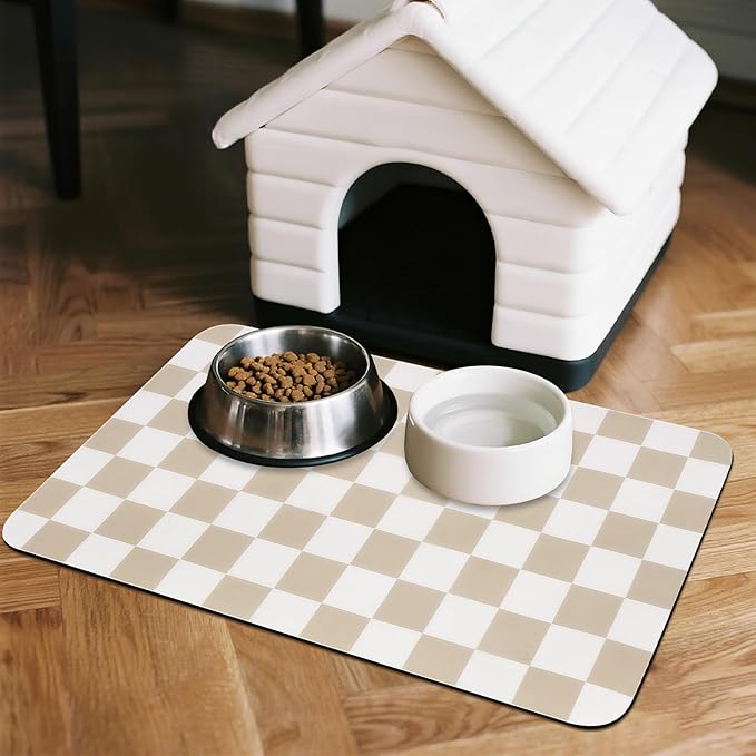Checkered Pet Feeding Mat, Absorbent Dog Mat for Food and Water Bowls Dispenser 16" x 24" Khaki