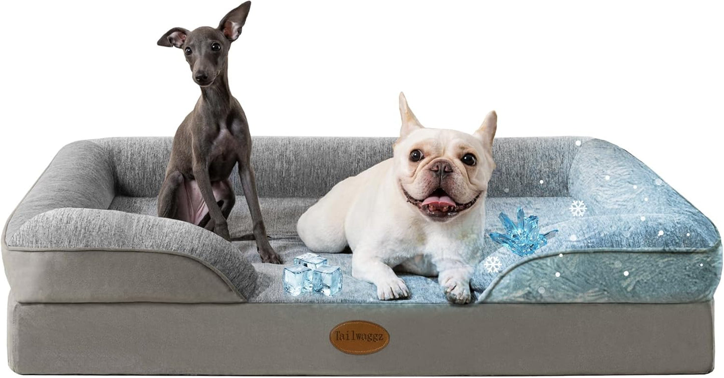 Cooling Pet Bed for Large Dogs and Cats, Waterproof Orthopedic Dog Sofa Bed, Supportive Foam Pet Couch Bed with Washable Removable Cover, Waterproof Lining and Nonskid Bottom(Large, Grey)