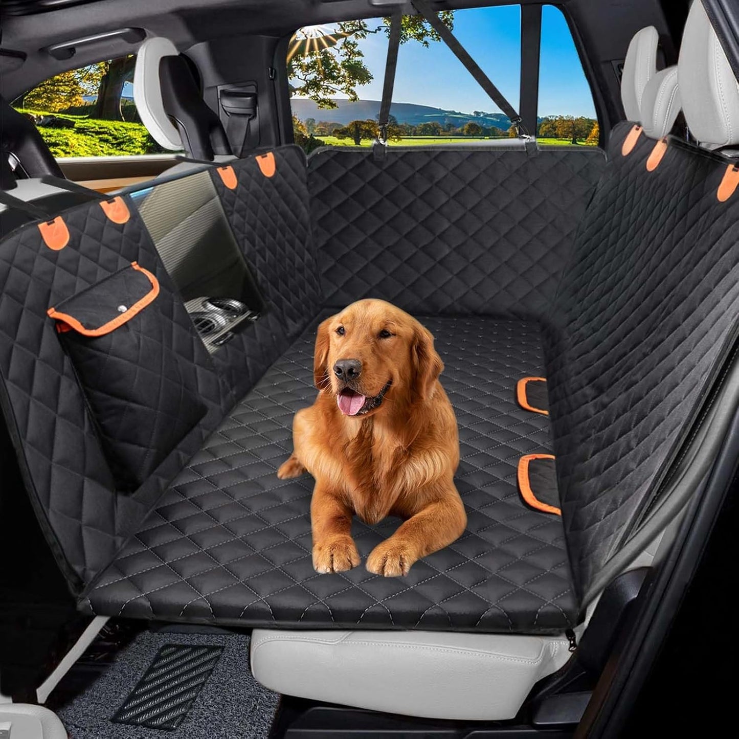 Back Seat Extender for Dogs, Dog Car Seat Cover with Hard Bottom for Backseat Protector, Large Space Dog Hammock with Mesh Window for Car SUV Truck