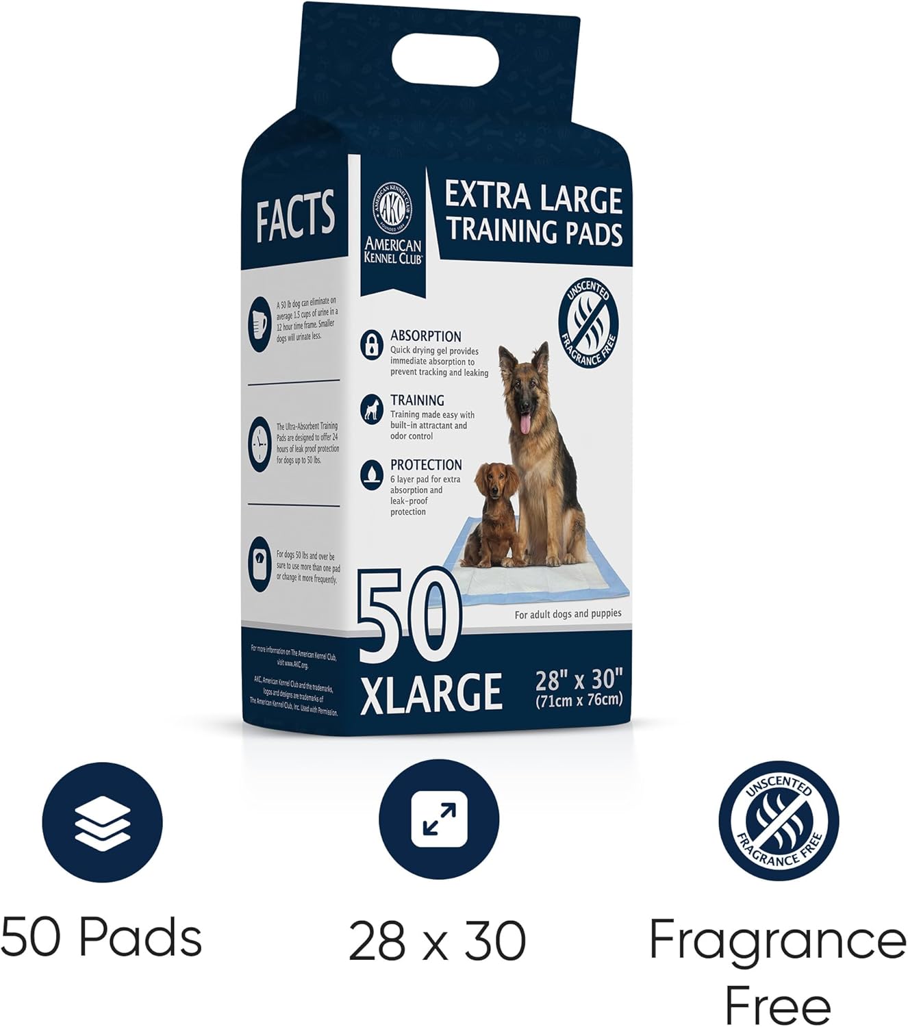 American Kennel Club Puppy Training Pads with Ultra Absorbent Quick Dry Gel – 28 x 30 Pee Pads for Dogs - 50 Count , XL(Unscented)
