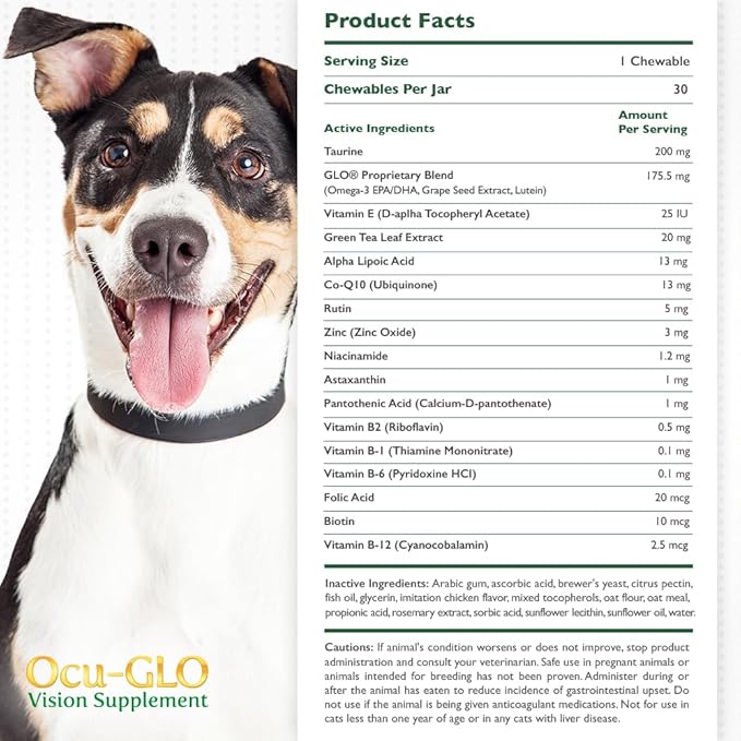 Ocu-GLO Cat & Dog Senior Supplement for Eye Support - Chewable Vision Vitamins Supplements for Large and Small Pets Care with Lutein, Omega-3 Fatty Acids, Grape Seed Extract & Antioxidants