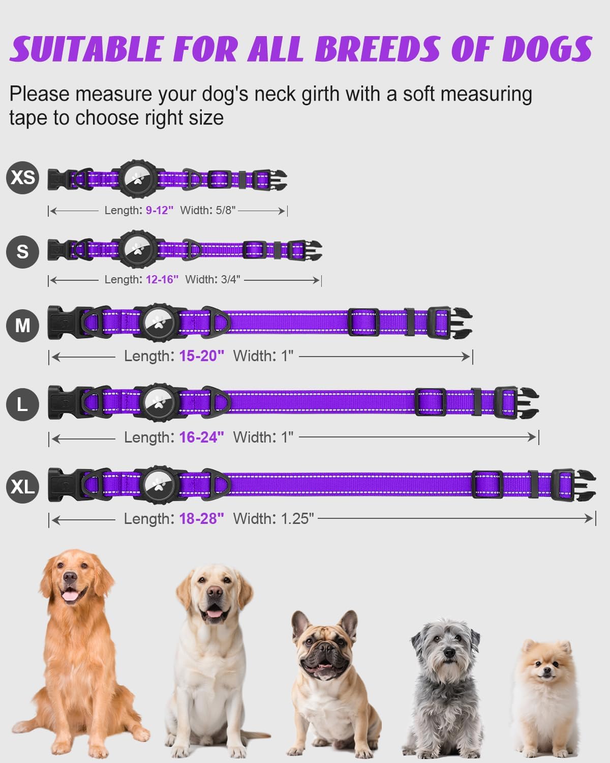 Joytale Airtag Dog Collar, Reflective Pet Collar with Waterproof AirTag Holder, Dual D-Rings, Soft Padded Adjustable for Extra Small and Puppy Dogs, Purple, XS