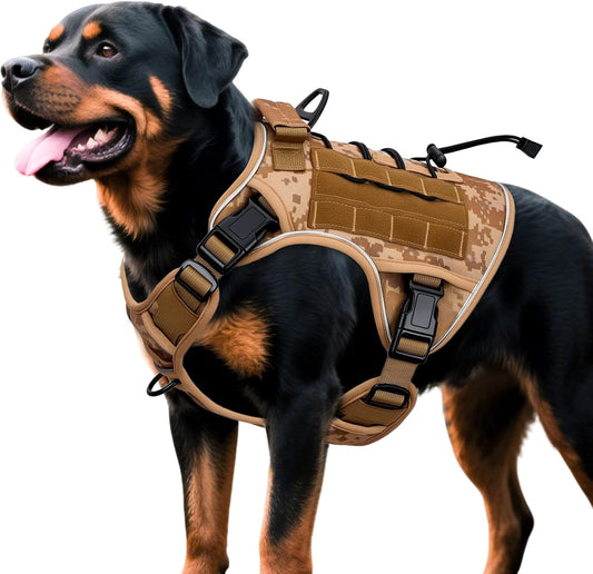 Heavy-Duty Tactical Dog Harness for Large Dogs, No Pull Adjustable Reflective Pet Vest with Molle System, K9 Military-Grade Control for Service Training, Outdoor & 10+ Breeds, Khaki Camo, XX-Large