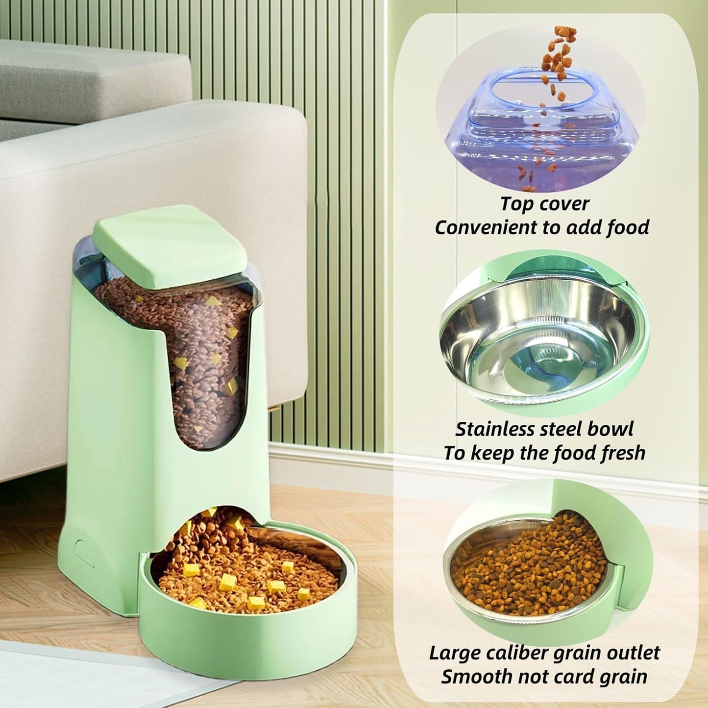 Hamiledyi Gravity Dog Feeder 2.8L Pets Automatic Food Dispenser with Stainless Steel Bowl for Puppy Cat Rabbit Large Capacity (Light Green)