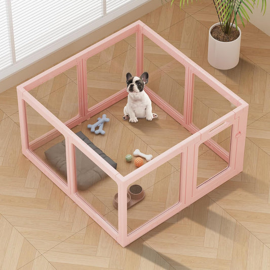 Clear Acrylic Dog Playpen Indoor, Puppy Cat Small Pet Play Pen, Pet Cat Foldable Playpen for Rabbits, Dog Fence Crate Kennel Whelping Cage (Pink, 8 Panel)