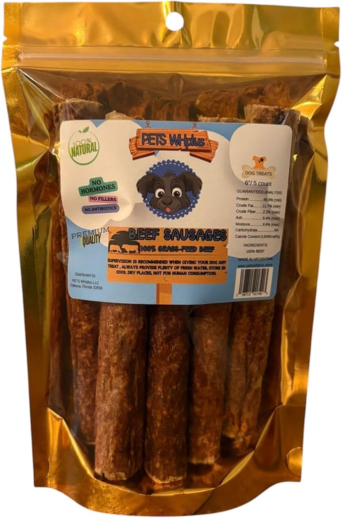 Beef Sausages Dog Treats, 100% Natural, 6" (5 Count) – Rawhide-Free, Long-Lasting Chews – Grass-Fed, High Protein, Single Ingredient, Grain-Free, Easily Digestible, Low Fat