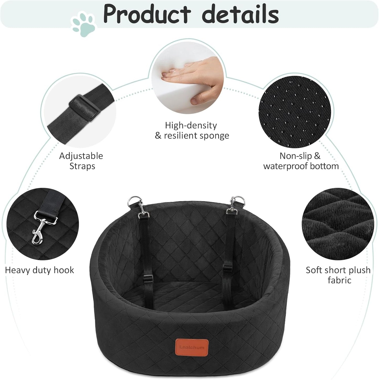 Dog Car Seat for Small Dogs Up to 30 Lbs,Ultra Soft Fabric Fill in Comfy Memory Foam,Happy Pet Ride,2 Safety Dog Leashes,Fully Detachable and Washable,Anti Slip Base(Black)