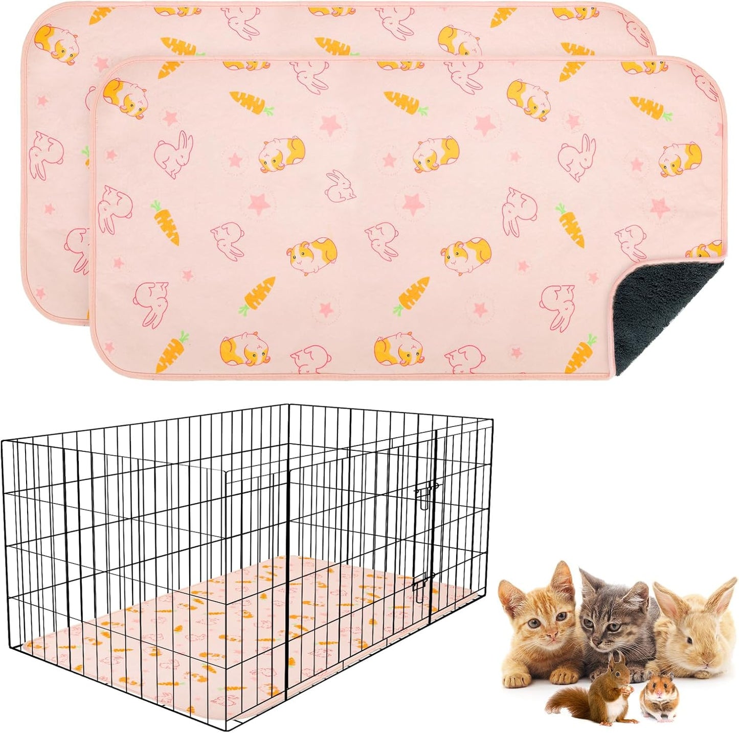 BEAUTYZOO 2 Pack Guinea Pig Cage Liners, Washable Reversible Fleece Guinea Pig Bedding, Waterproof Super Absorbent Pee Pads for Small Animals Rabbit Hamster Bunny - 16"x24" Pink