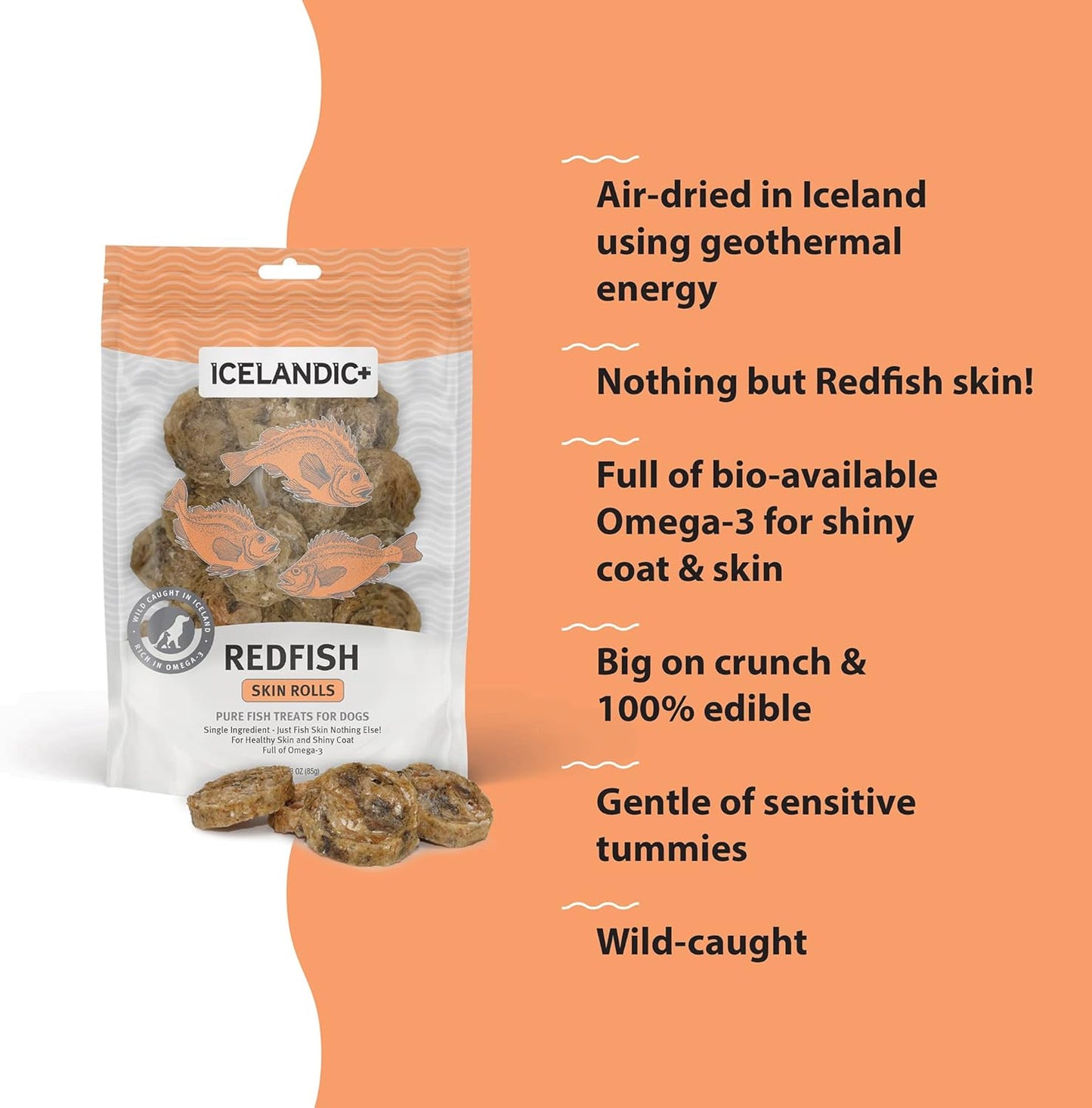 Icelandic+ Skin Rolls: Redfish - 3oz Bag, Dog Treats, Pure Wild-Caught Air-Dried Fish, Single Ingredient Snacks, Pe Chews, Just The Fish Nothing Else
