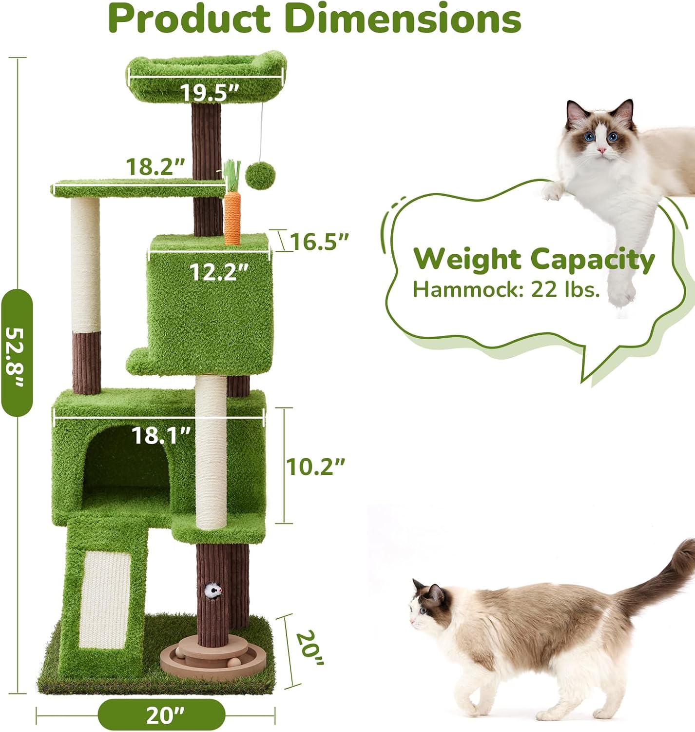 55in Tall Cat Tree Tower with Cat Toys for Indoor Multi-Level Cozy Large Cat Tree with Condo Top Perch and Sisal Scratching Posts, Green Cat Tower for Kitty and Adult Cats