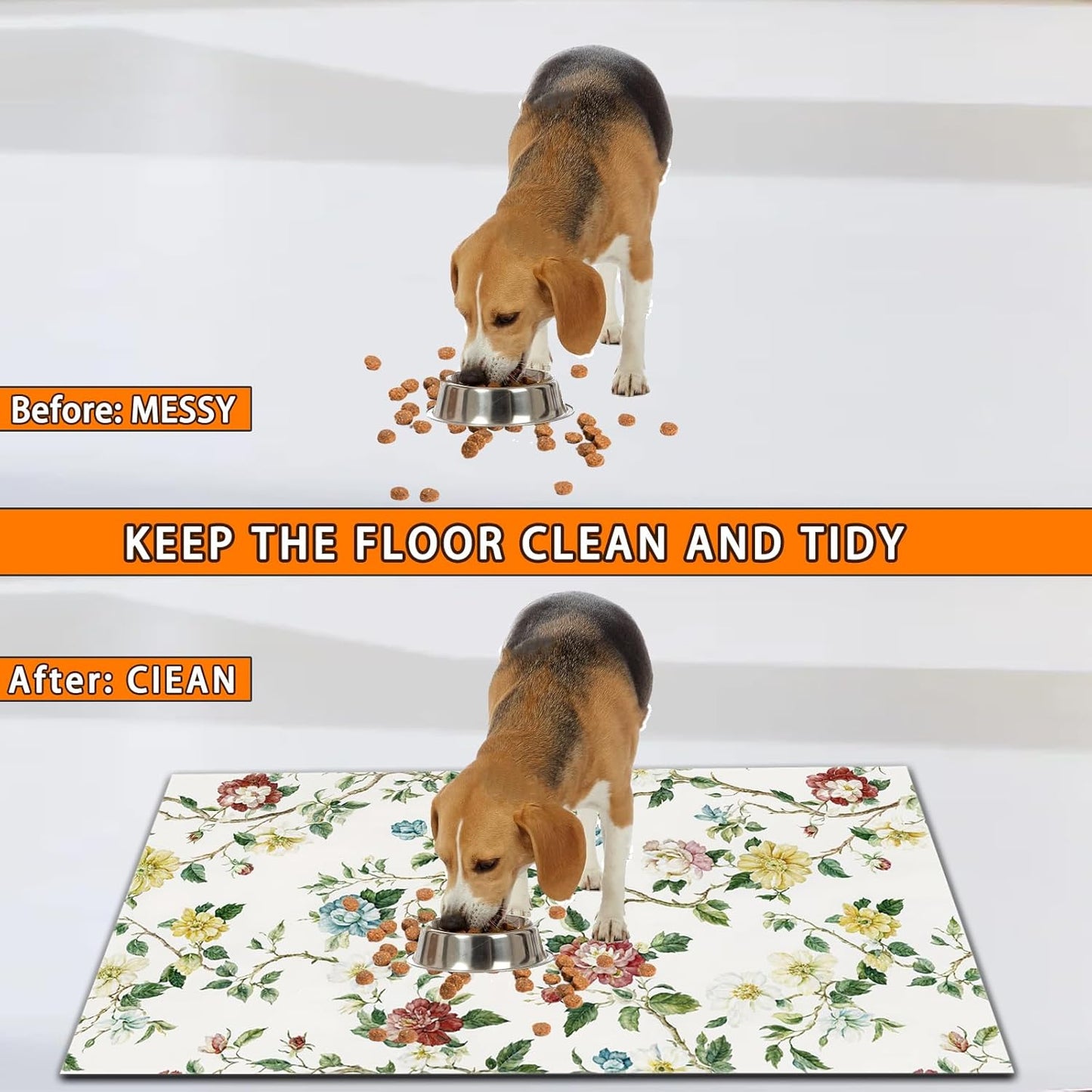 Pet Feeding Mat for Dogs and Cats - Super Absorbent Anti-Slip Bowl Pad, Eco-Friendly Washable Mat to Prevent Spills and Mess Floral Mat 12"x20"