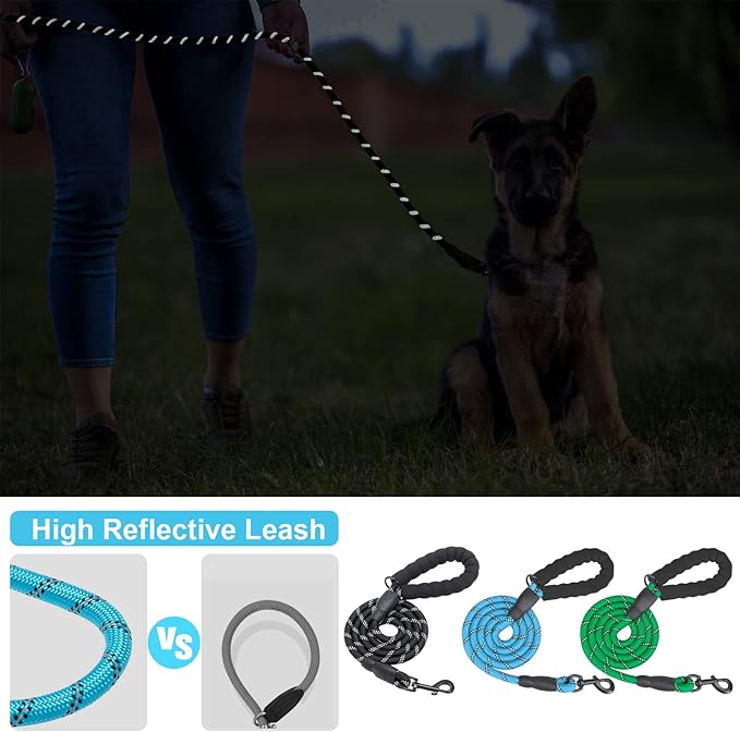 BEAUTYZOO Heavy Duty Rope Dog Leash 3 Pack, 6FT Nylon Pet Leash with Reflective Thread, Soft Padded Handle Thick Lead Strong Dog Leashes for Large Medium Dogs Small Puppy Training 6'*1/2 inch