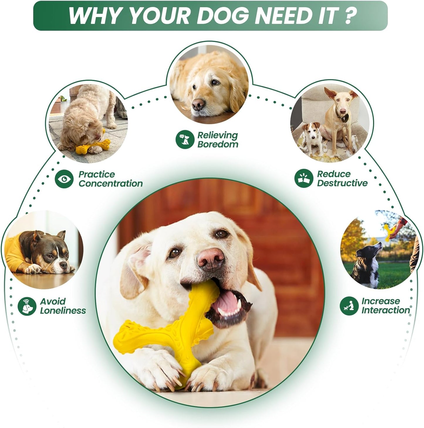 Dog Chew Toys for Aggressive Chewers Large Breed,Indestructible Bones Toy，Durable Cleaning Toothbrush Natural Rubber Dog Toys… (Yellow)