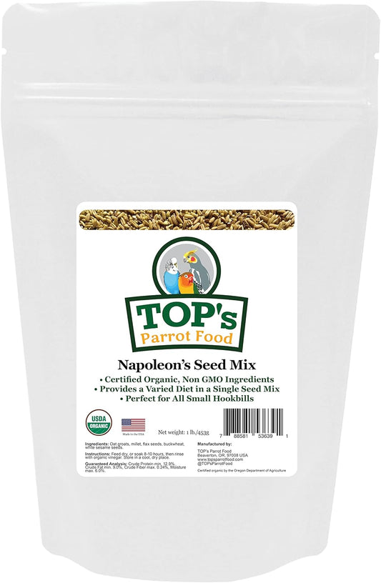 TOP's Napoleon's Seed Mix for All Small Hookbills, Non-GMO, Soy Free, Corn Free, USDA Organic Certified, 1 lb