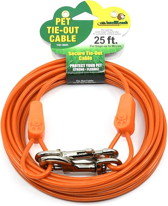 25 ft Tie-Out Cables for Dogs - Strong, Safe, and Durable Dog Tie-Outs for Small Dogs up to 90 Pounds - Weather and Wear Resistant Galvanized Aircraft Cable for Outside Use