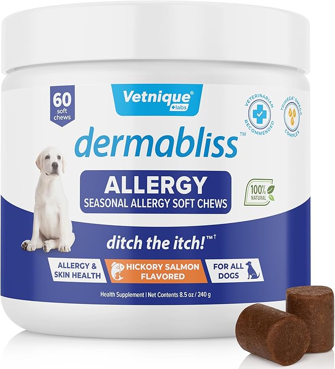 Vetnique Dermabliss Seasonal Dog Allergy Relief & Immune Support Supplement Allergy Chews for Dogs Itching and Licking with Omega 3 Fish Oil & Probiotics for Itch Relief (60 Count Chews)