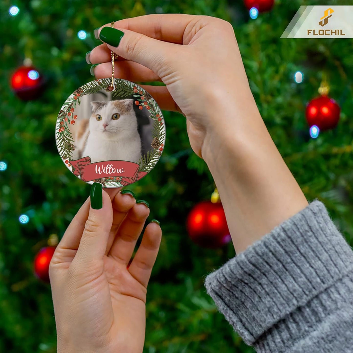 FLOCHIL Personalized Cat Christmas Ornaments Custom Photo Name for Christmas Trees, Cat First Christmas Ornaments, Gifts for Pet Lovers
