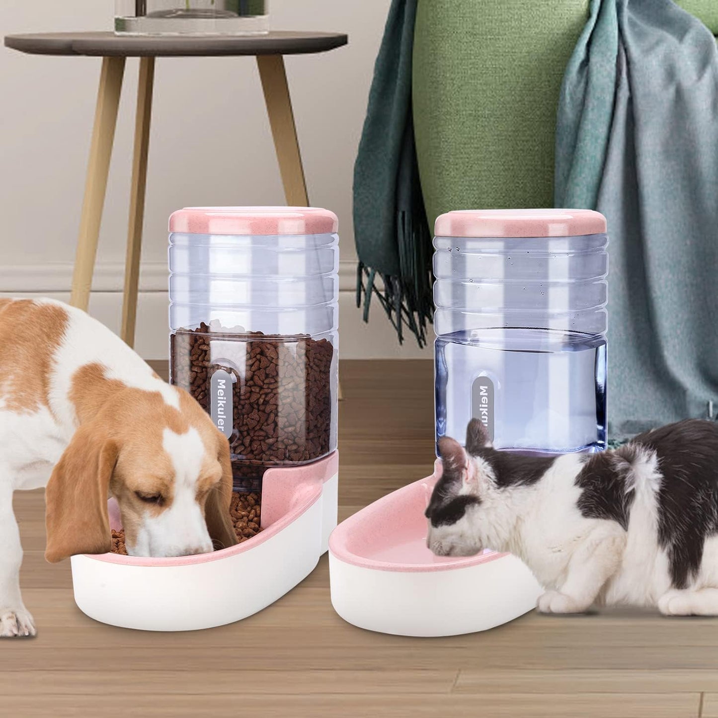 Meikuler Automatic Dog Cat Feeder and Water Dispenser Set,Waterer and Gravity Food Feeder for Small & Medium Dogs Cats Puppies,Large Capacity 1 Gallon x 2(Pink)