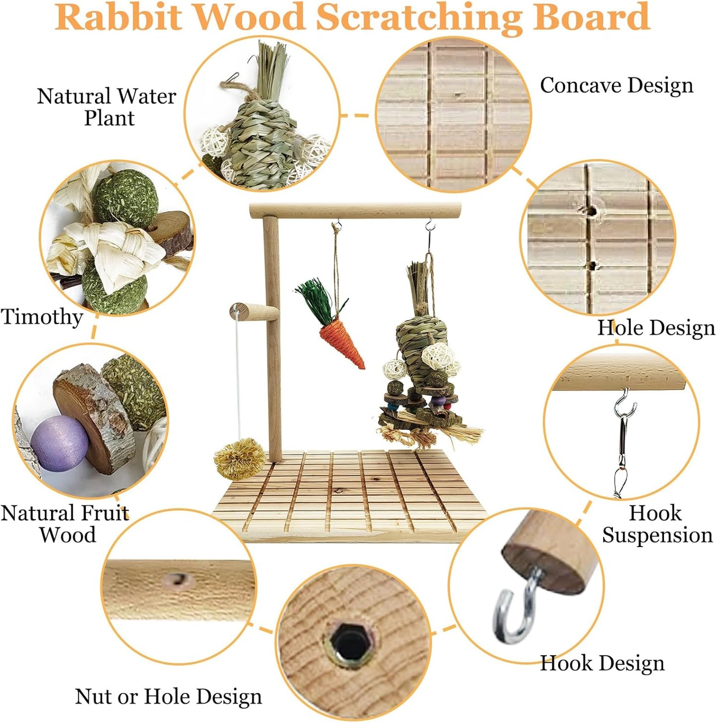 Hamiledyi Rabbit Wood Scratching Board Feet Pad Platform Bunny Claws Teeth Chew Toys Natural Fruit Wood Rabbit Toys Grass Timothy Ball for Guinea Pigs Chinchilla Hamsters Other Rodent Pets