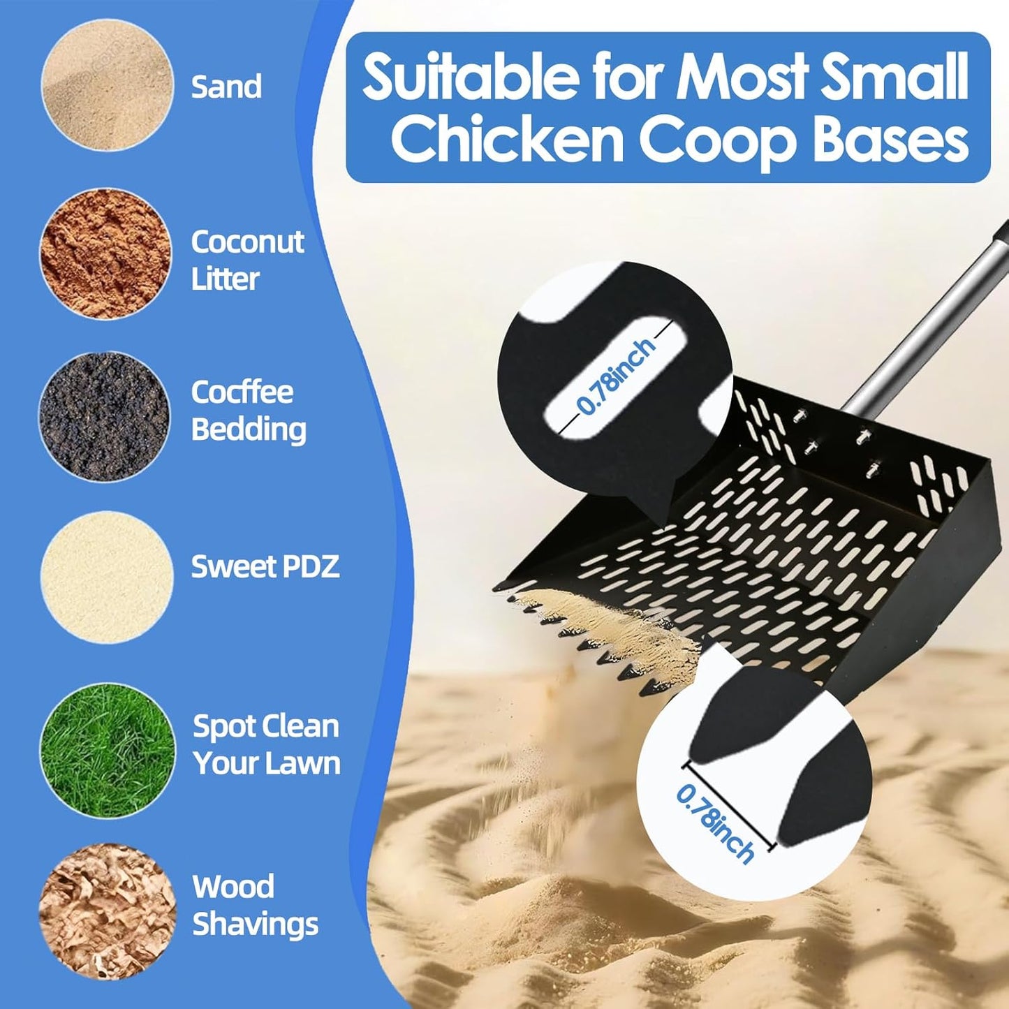 DEMARRE Chicken Poop Scooper for Sand,2-in-1 Poop Scooper for Chicken Coop with 35" to 65" Stainless Steel Handle, Heavy Duty Chicken Coop Rake, Litter Scooper Sifting Shovel for Chicken Coop & Pet