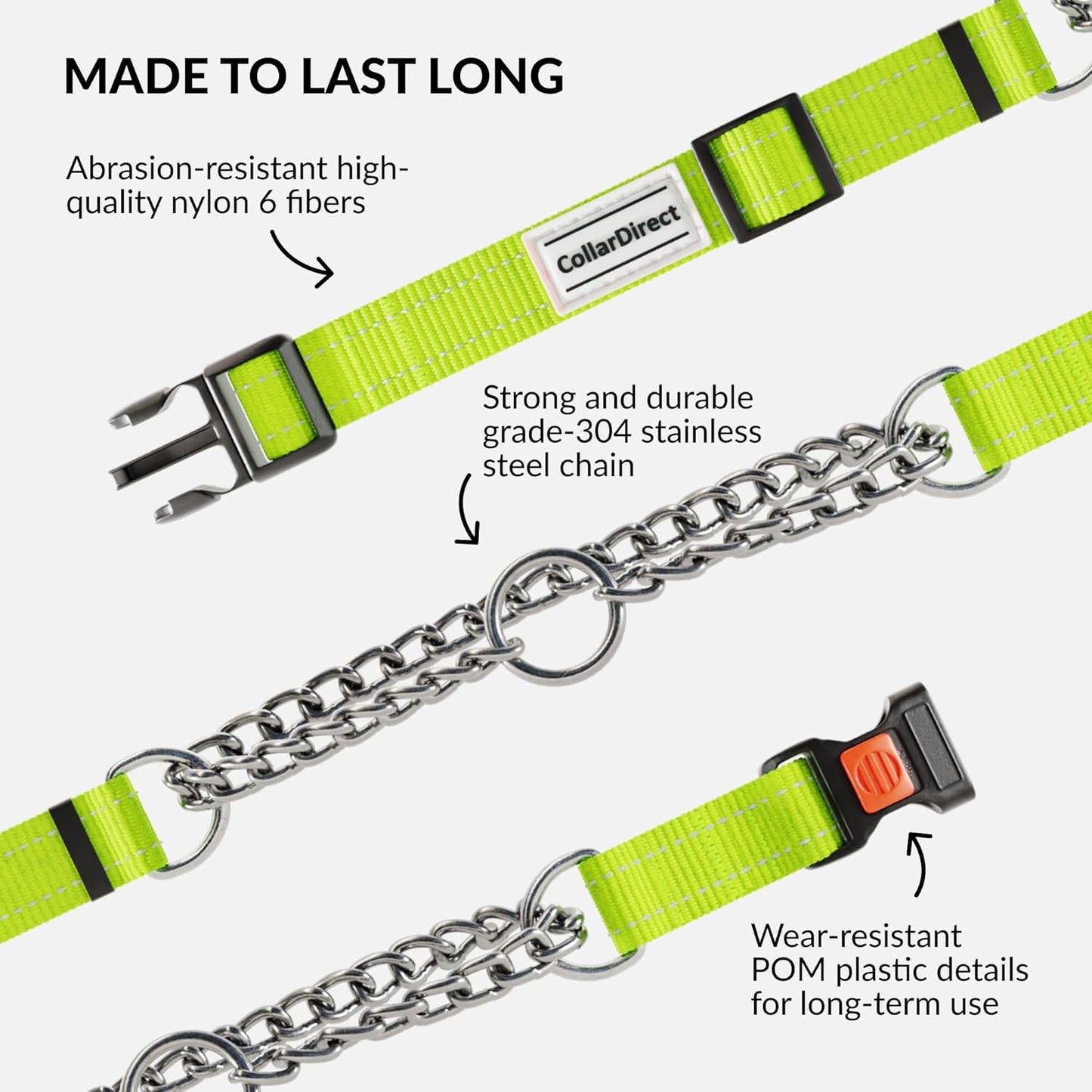 CollarDirect Martingale Dog Collar with Stainless Steel Chain and Quick Release Buckle - Reflective Collar for Large, Medium, Small Dogs - Lime Green, Small (Neck Size 12"-15")