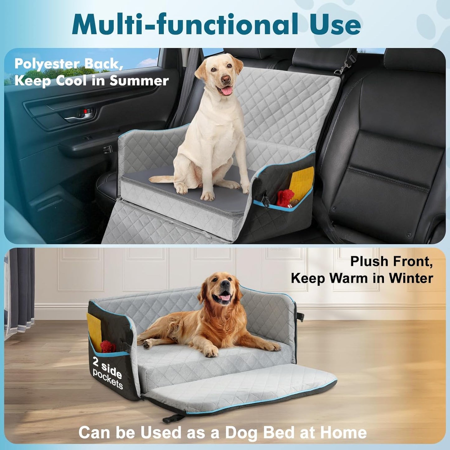 Large Dog Car Seat, Dog Car Bed for Large Dogs Under 60 lbs or 2 Small Breeds, Comfortable Pet Booster Seat with Memory Foam Thick Cushion, Detachable & Washable Pet Bed for Backseat, Black+Grey