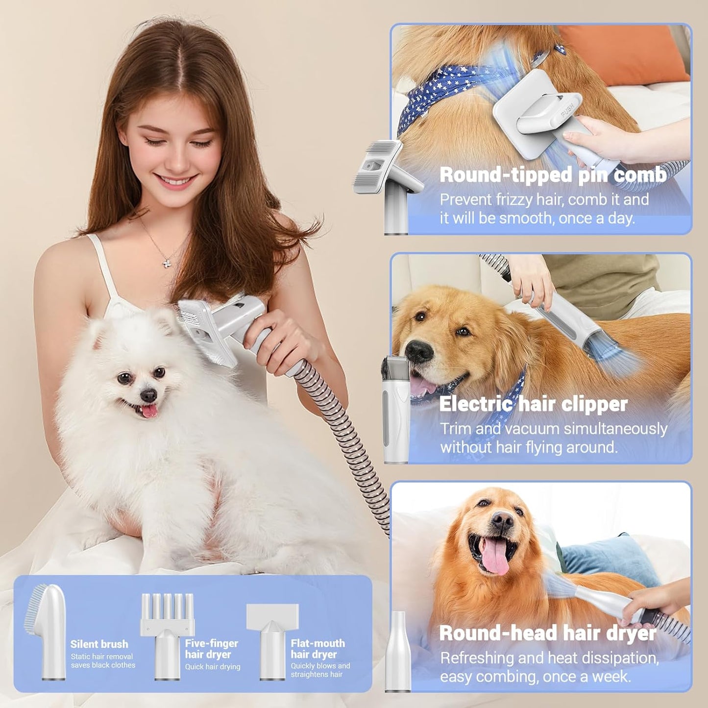 Dog Grooming Kit, Dog Grooming Vacuum, 13000Pa Upgrade Strong Pet Grooming Vacuum for Pets, Scalable Dust Cup, Low Noise, 10 Tools Shedding Grooming for Pet Hair (White)