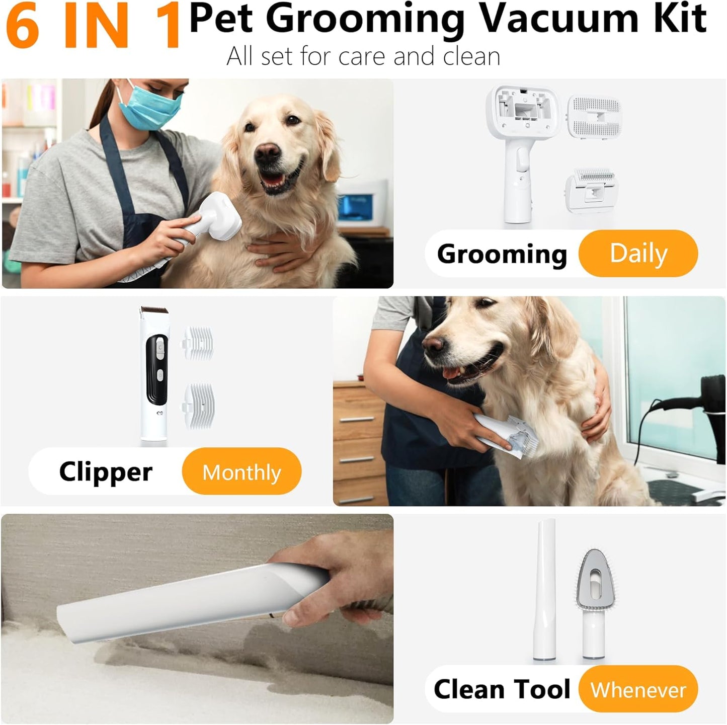 FOTING 6 in 1 Dog Grooming Vacuum & Dryer Kit, Dog Vacuum for Shedding Grooming, 2.1L Double Dust Cup Separator Design, 10000pa Pet Grooming Vacuum for Dogs at Home