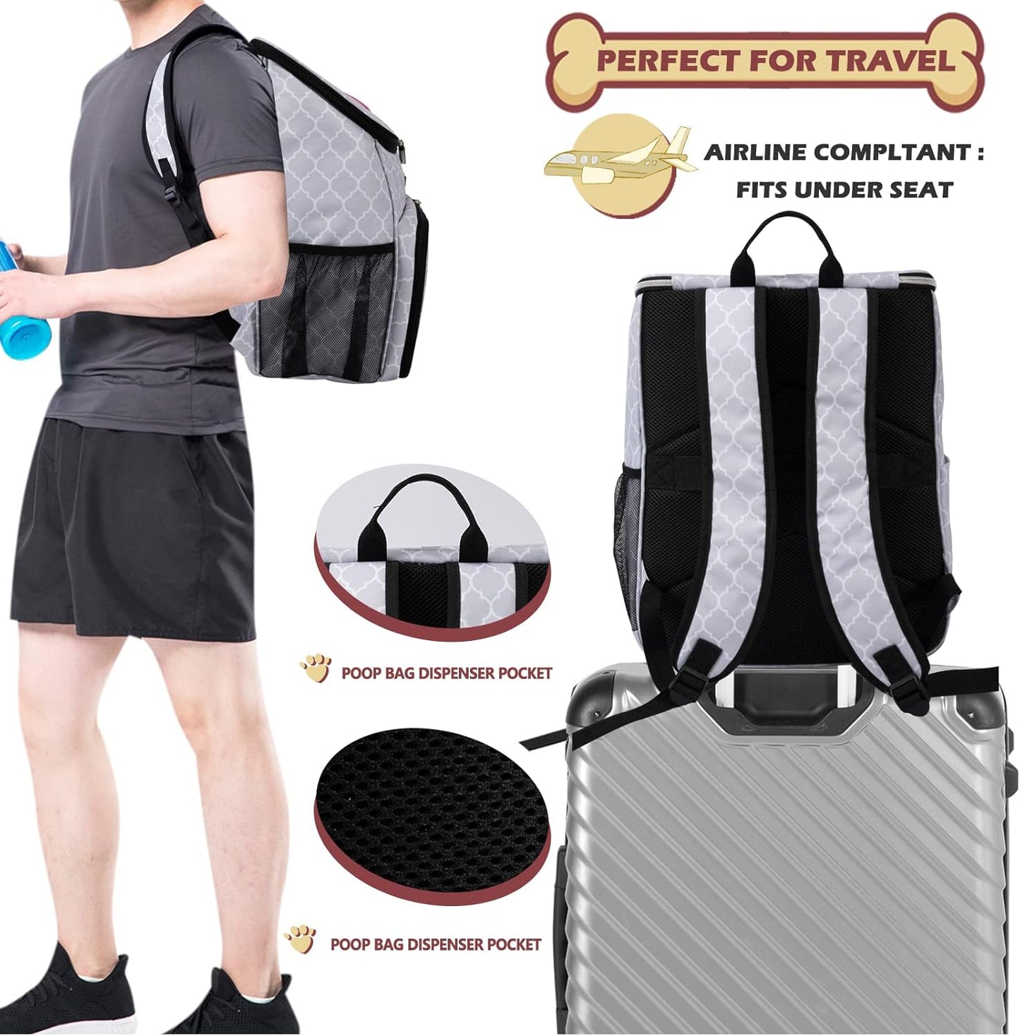 BAGLHER Dog Travel Bag Backpack, Airline Approved Pet Supplies Backpack, Dog Travel Backpack with 2 Silicone Collapsible Bowls and 2 Food Baskets DLWhite