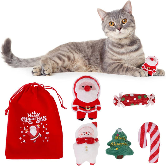 KOOLTAIL Christmas Cat Catnip Toys, 5 Pack Durable Soft Santa Claus Christmas Tree Candy Toy Filled with Natural Catnip, Interactive Bite Resistant Chew Teeth Cleaning Gift for Indoor Cats Kitten