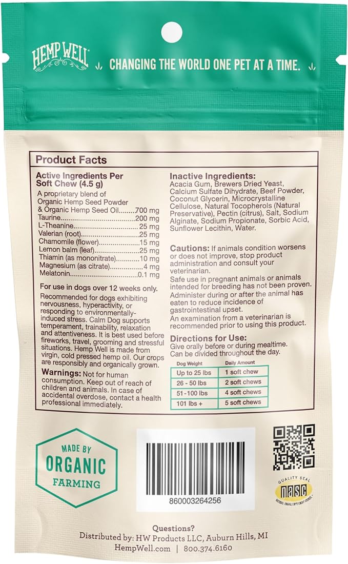 Hemp Well Calm Dog Soft Chews: Organic Hemp Infused with Melatonin - Calming Chews for Separation, Thunderstorms, and Stress - 8 Chews