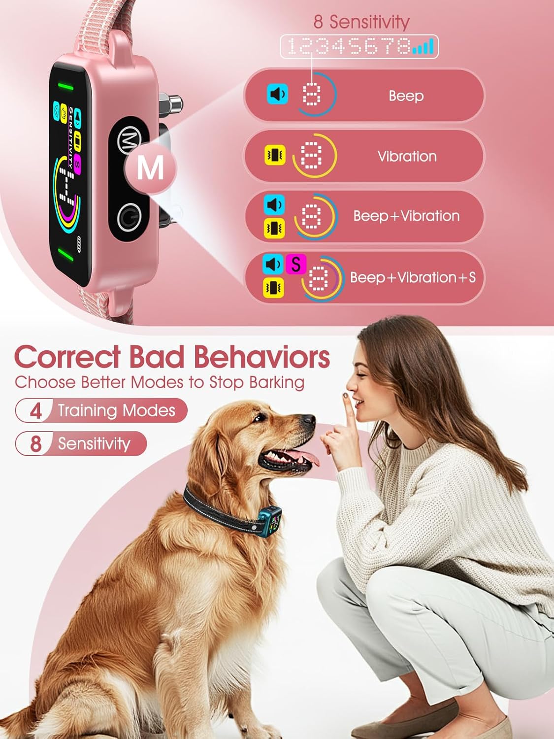DINJOO Dog Bark Collar for Large/Medium/Small Dogs | Rechargeable Smart AI Anti-Barking Training Collar with 8 Adjustable Sensitivity, Beep & Vibration Modes | Solves Excessive Barking - Rose Pink