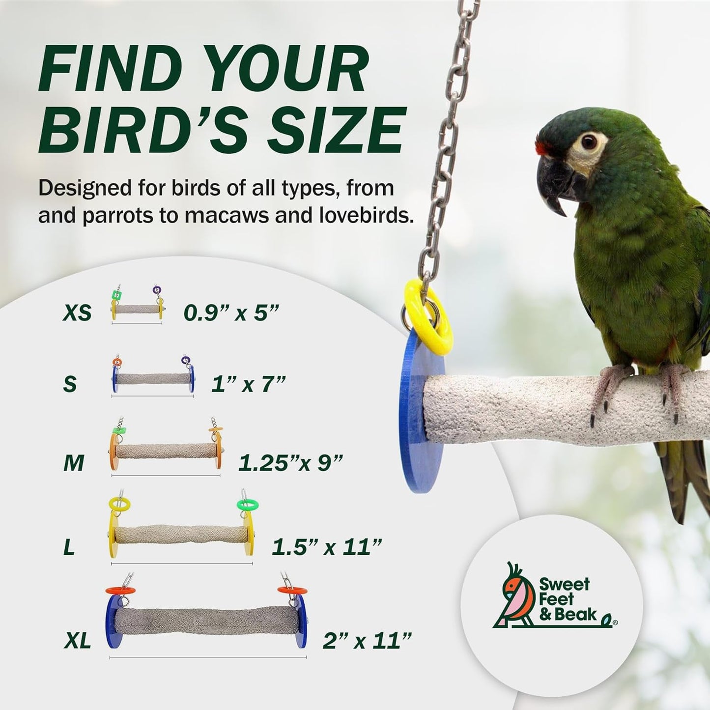 Roll Bird Swing - Pumice Perch Bird Toys Trims Nails and Beaks, Safe and Non-Toxic Bird Cage Accessories for Small and Large Birds, Swinging Toys Birds Will Love, Small 7.5 Inches