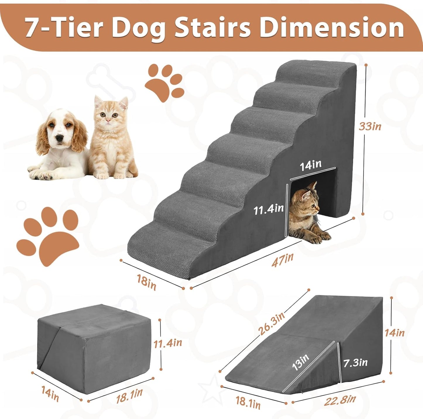 7-Tiers Dog Ramp for Small Dogs, 33 inch Foam Dog Stairs/Steps for High Beds, Non-Slip 7 Steps Pet Stairs for Small Dogs and Older Pets, Dark Gray