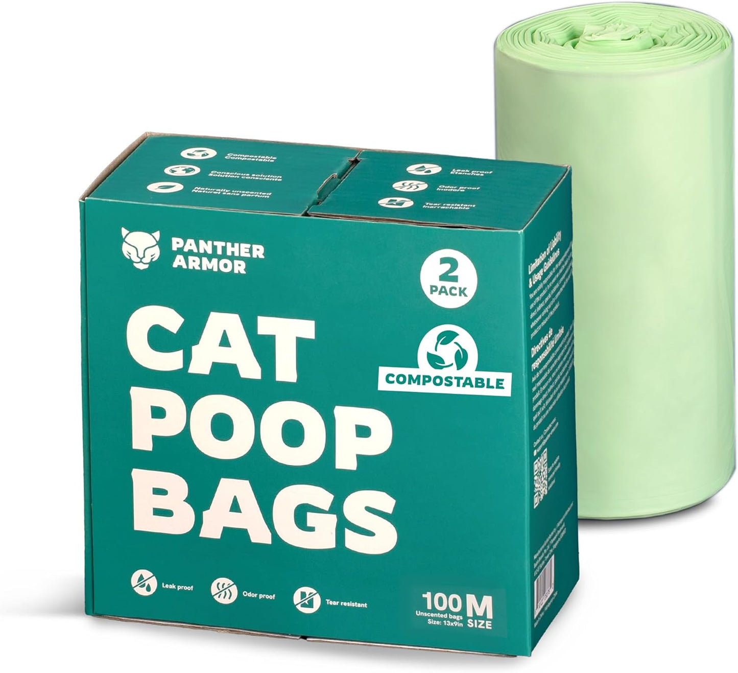 Panther Armor Poop Bags - 200x Cat Litter Bags for Poop - 13x9in Kitty Litter Unscented Leak Proof Cat Poop Bags - Litter Box Trash Bags - Odor Proof Cat Litter Disposal System