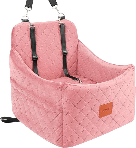 Dog Booster Car Seat for Dogs up to 35lbs, Safety Pet Car Seats with Anti-Slip Bottom, Travel Booster Dog Bed with 2 Storage Pockets (Pink, Medium)