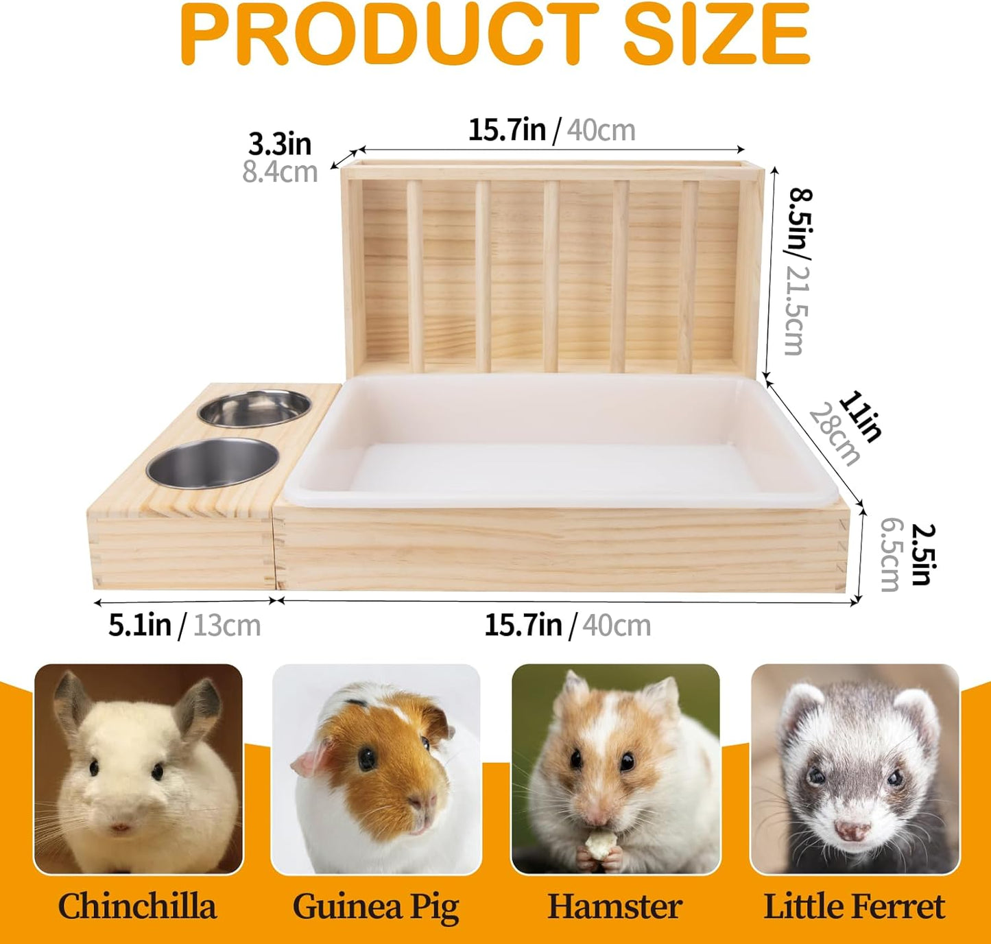 3 in 1 Rabbit Hay Feeder with Litter Box,Wooden Hay Feeder with 2 Bowls & Litter Box for Guinea Pig Chinchilla Bunny Other Small Animals,Large Capacity & Preventing Waste