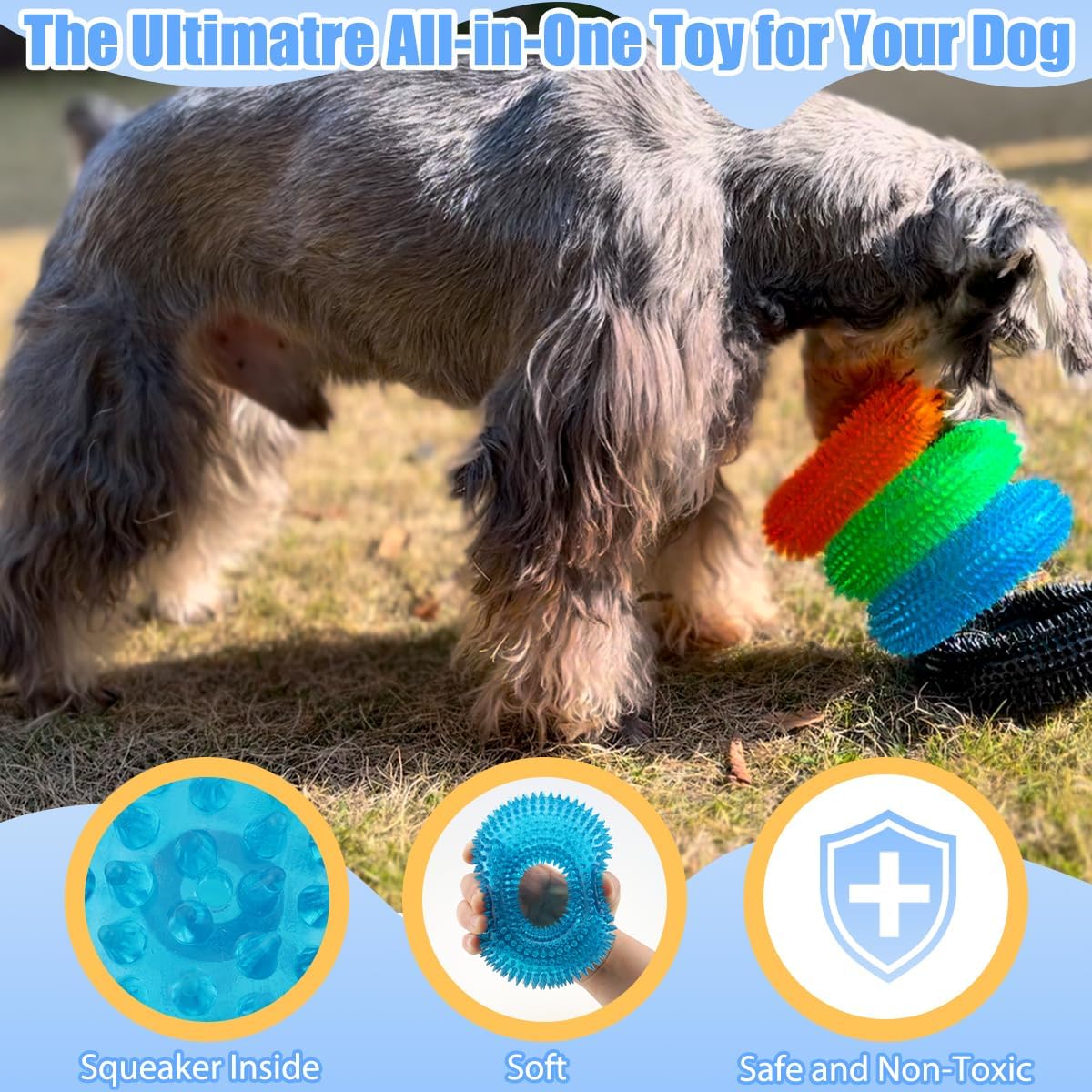 ADUCK Dog Squeaky Chew Toys for Aggressive Chewers, Small Medium Large Dogs Teeth Cleaning Soft Natural Rubber Float Toy for Indoor Outdoor Water Pool, Donut Ring Design 4.92 inch, Crystal Blue