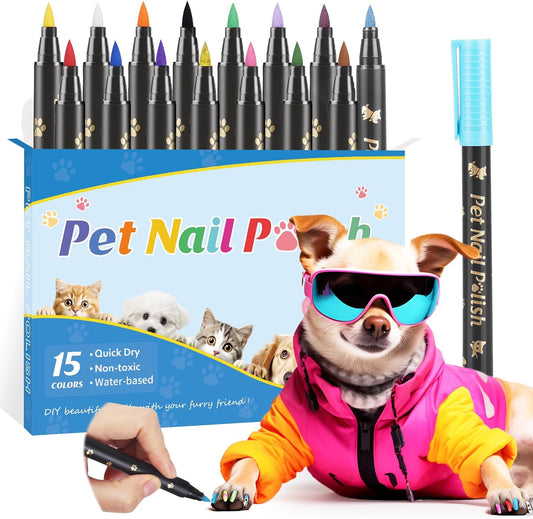 Dog Nail Polish Pens Quick Dry, 15 Colors Safe Set for DIY Pretty Nails, Ideal Gifts for Dogs Cats Light Dark Nails, Odorless, Non-Toxic, Water-Based Pet Accessories