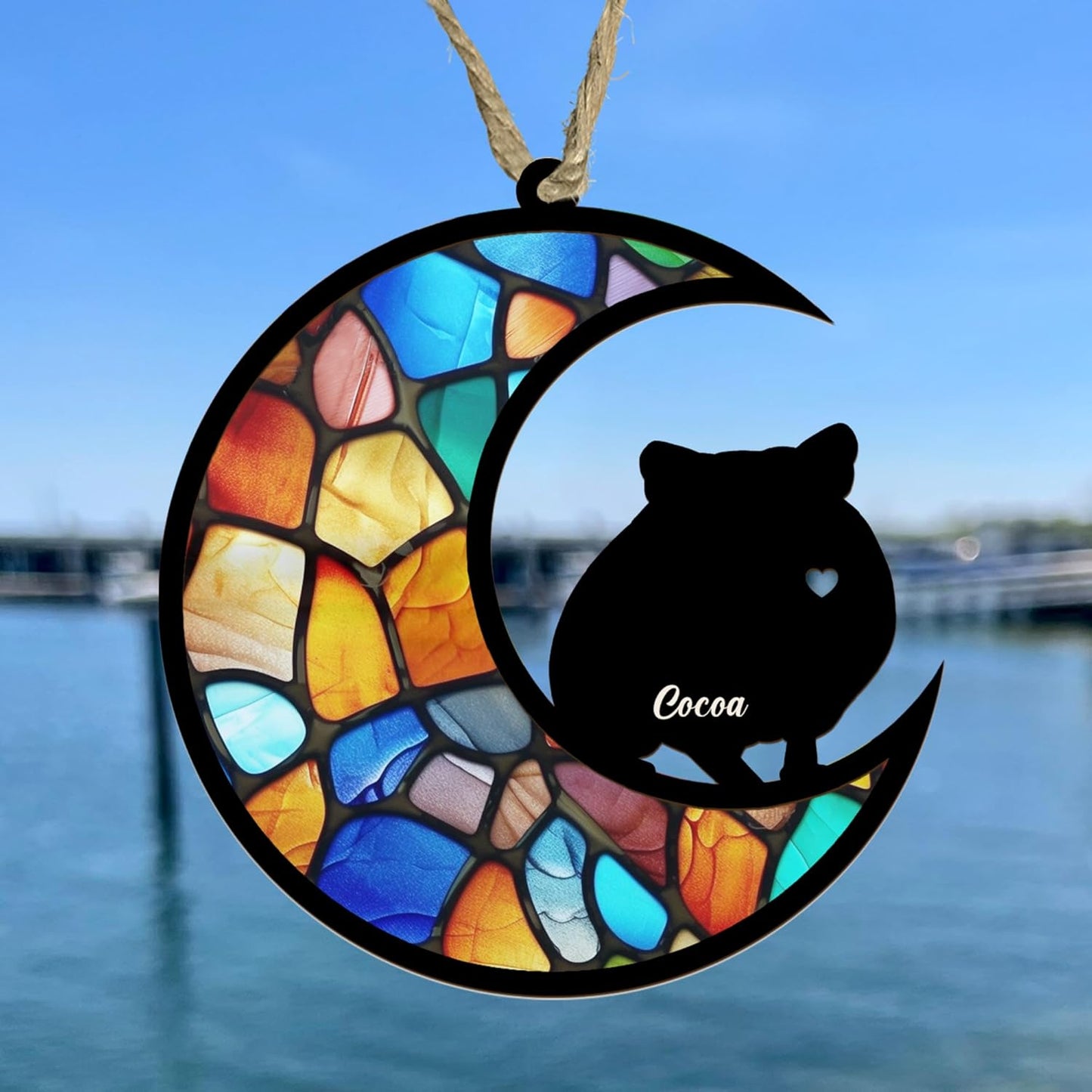 AlpadilAndCo Personalized Hamster Moon Sign Suncatcher - Memorial Window Hanging, Engraved Hamster Lovers - Wooden, Hanging, Modern Style, 1 Count